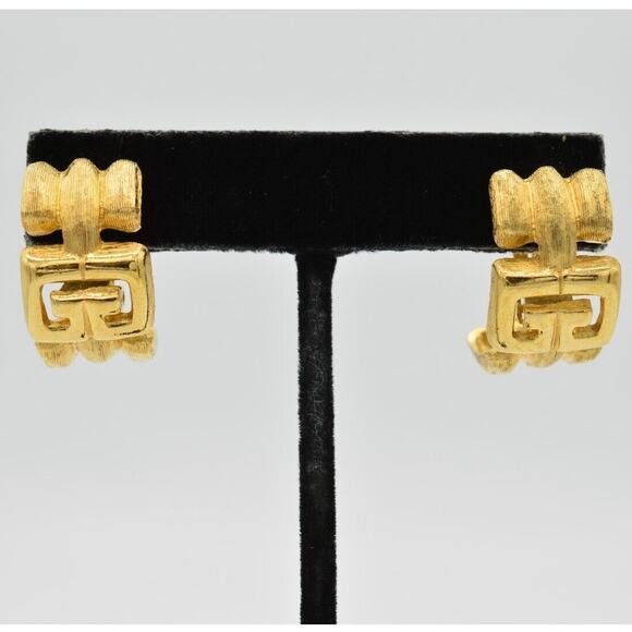Givenchy Vintage Logo Clip On Earrings GG Brushed Gold Hoop 80s Signed AS IS 9D - Picture 1 of 10